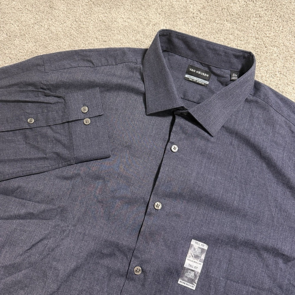 Van Heusen Tall Fit Shirt Mens 17.5 37/38 Midnight Comfort Performance Button Up